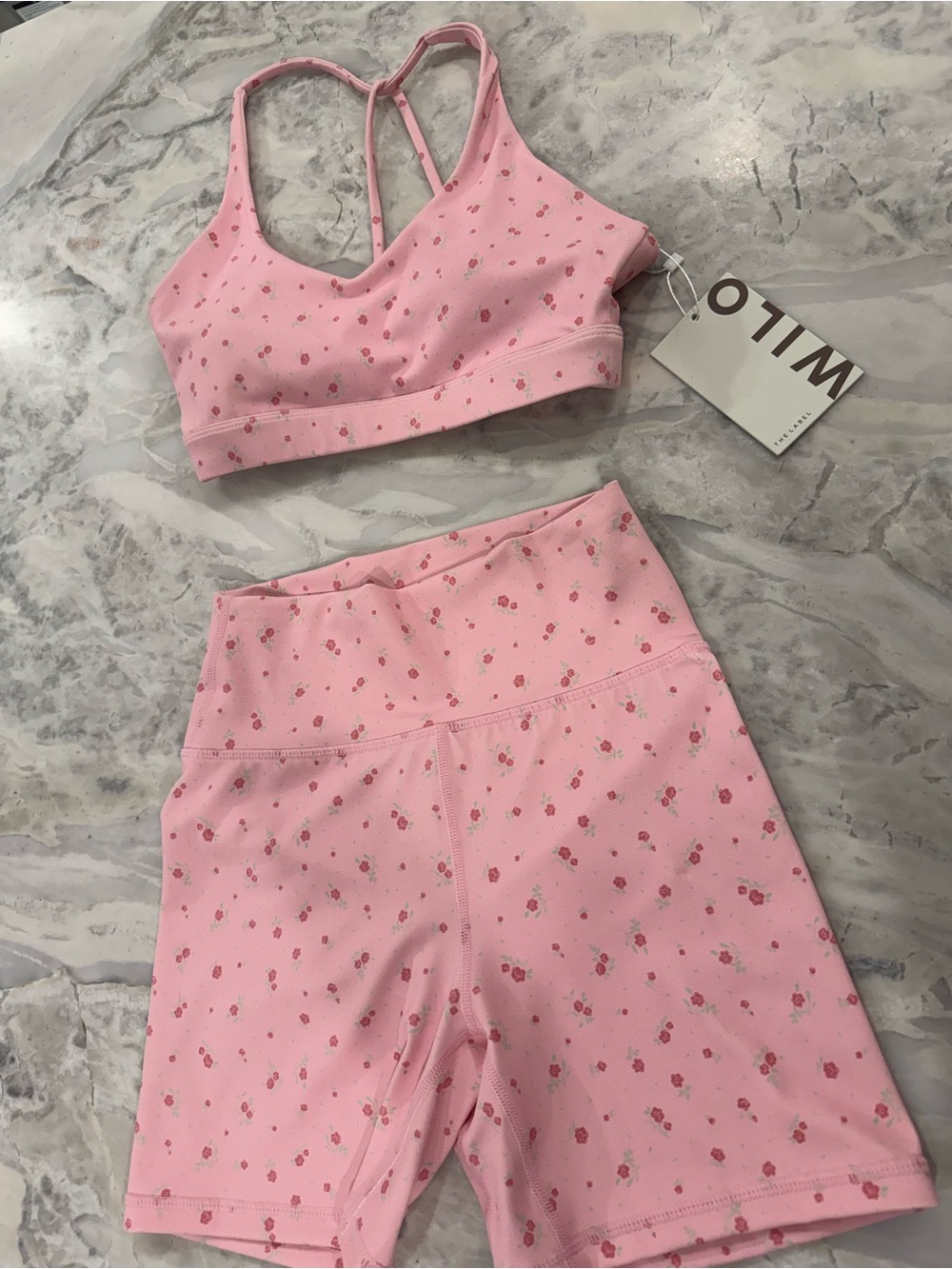 NWT WILO Pink Floral Sports Bra & Biker Shorts Set size Small